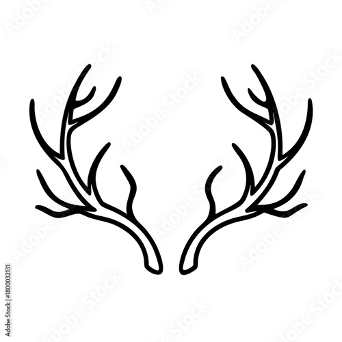 Outlined deer antlers, simplified childlike illustration with natural animal horns. Two deer antlers showcase a simple outline and a cartoonish aesthetic. 