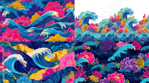 Vibrant ocean pattern set with crashing waves and coral in neon pink, blue, and yellow. Bold seamless backgrounds for textiles, posters, wallpapers, packaging, and tropical branding.