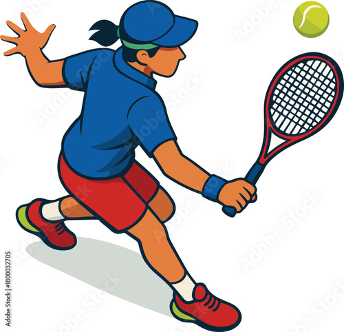 Cartoon tennis player hitting ball with racket sport