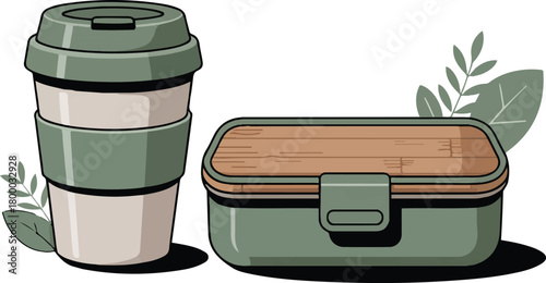 Reusable Coffee Cup And Lunch Box For Zero Waste Lifestyle Concept Promoting Reducing Single Use Plastic For Environmental Protection illustration