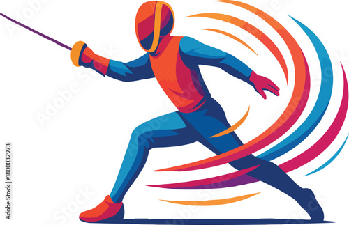 Fencer in motion with colorful abstract streaks fencing
