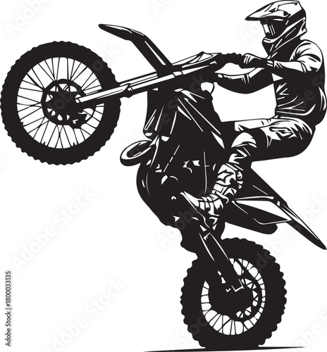 Motocross rider doing a wheelie, aggressive monochrome vector illustration