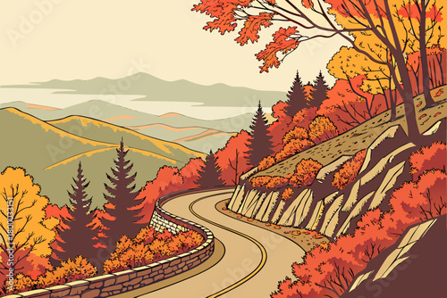 “Blue Ridge Parkway with fall foliage and overlook, autumn vector”