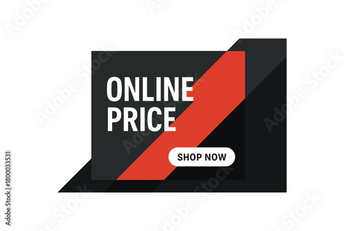 flat vector banner with text ONLINE PRICE diagonal black/gray panels with red notch headline left white CTA bar right corporate tech