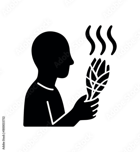 person burning sage bundle flat black solid vector illustration isolated on white background