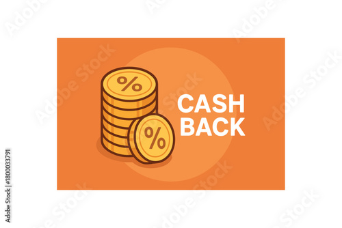 flat vector banner with text CASHBACK stacked coins with % emboss headline right soft spotlight fintech discount metaphor
