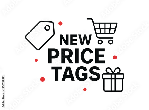flat vector banner with text NEW PRICE TAGS minimalist outlineonly icons (tag cart gift) around solid headline red accent dots airy modern composition