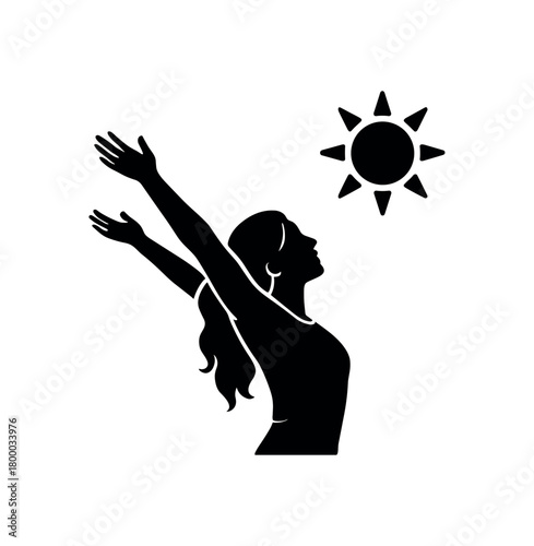 woman stretching arms toward sun flat black solid vector illustration isolated on white background