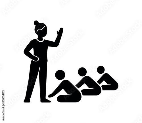 yoga teacher guiding class flat black solid vector illustration isolated on white background