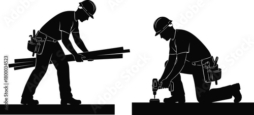 Construction workers silhouette illustration, builder carrying wood and drilling on site, labor teamwork concept vector for industrial, carpentry, architecture, repair and maintenance design