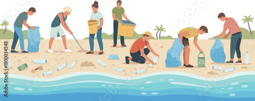 Volunteers Collecting Trash on Beach Environment Coastal Cleanup Coastal Waste Environmental Awareness in Vector Illustration