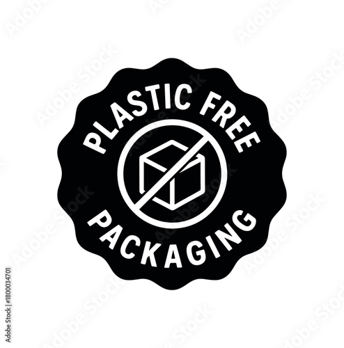 plastic free packaging badge flat black solid vector illustration isolated on white background