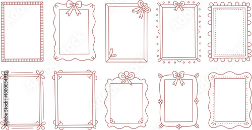 Cute pink decorative hand drawn frames collection with bows, doodle borders, floral accents, whimsical outline design for scrapbook and stationery