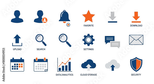 Essential Web and Mobile App Icons Set: User Profile, Notification, Settings, Download, Upload, Search, Calendar, Analytics, Cloud Storage, and Security Shield