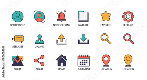 Colorful UI/UX Line Icon Set for Web and Mobile App Interfaces: Profile, Notifications, Settings, Messages, Calendar, Location, Upload, and Download