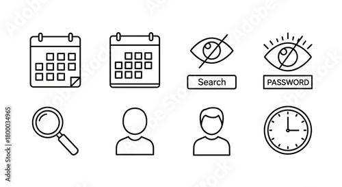 Monoline Black and White Interface Icons: Calendar, Search, Password Visibility, User Profile, and Clock for Web and App Design