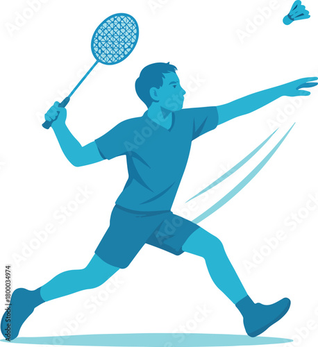 Male badminton player swinging racket hitting shuttlecock