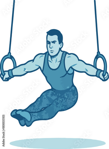 Male gymnast performing on rings in blue tones gymnastics
