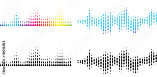 Vibrant dotted sound waves form modern audio visualizations. Colorful and monochrome waveforms create dynamic digital rhythm art. Perfect abstract spectrum design for music projects.