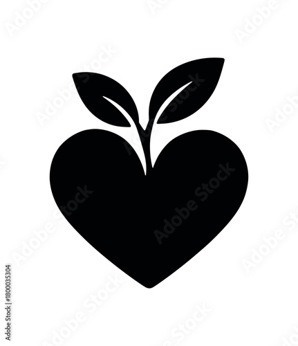 vegan product symbol with sprout heart flat black solid vector illustration isolated on white background