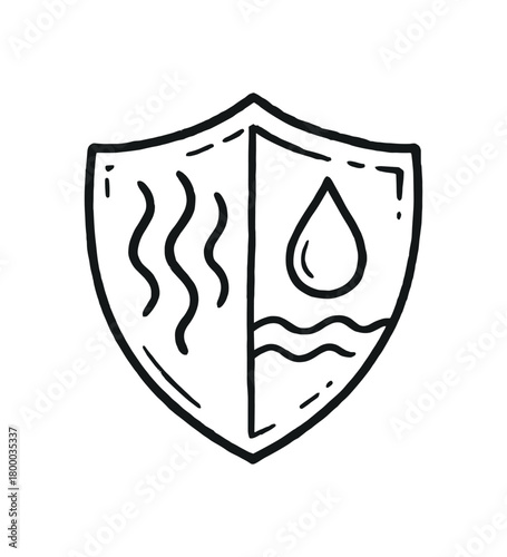 handdrawn cute doodle style odor control shield with droplet wave vector line illustration