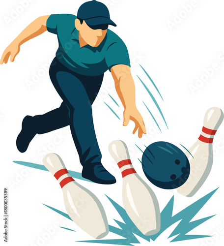 Man bowling striking pins with dark blue ball bowler