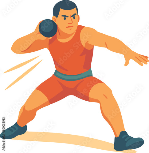 Man in orange athletic wear throwing shot put athlete