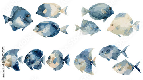 Watercolor polygon reef fish set in blue and cream tones rounded and triangular silhouettes, isolated on white. Great for ocean patterns, kids decor, cards, posters, and branding.