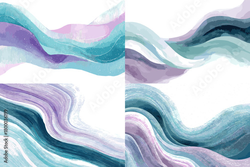 Abstract watercolor wave backgrounds in teal and purple gradients fluid, layered strokes forming flowing frames. Ideal for posters, banners, invitations, packaging, and modern branding.