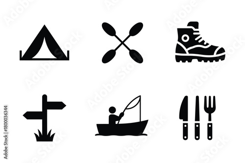 Adventure activity icons: camping, kayaking, hiking, fishing, eating