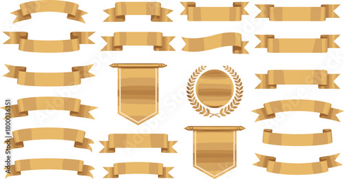 Elegant golden ribbons and shields collection, luxury award banner set, premium decorative vintage frames, blank gold labels for design, vector template