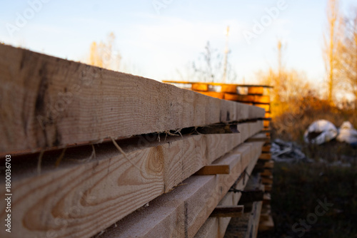 Wallpaper Mural Rows of wooden planks are stacked in a construction site, glowing softly in the warm light of the setting sun against a serene backdrop Torontodigital.ca