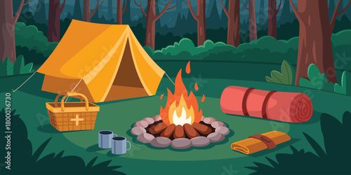 Cozy forest camping scene with tent, campfire, and sleeping gear