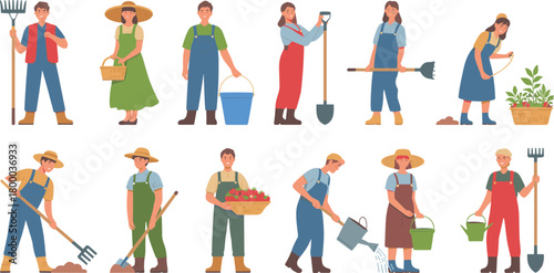 Farmers and gardeners working in vegetable garden, planting, harvesting crops, watering plants, holding tools, basket, gardening people illustration collection