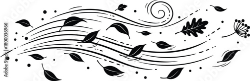 Black Silhouette of Wind Blowing Leaves and Swirls on White Background autumn