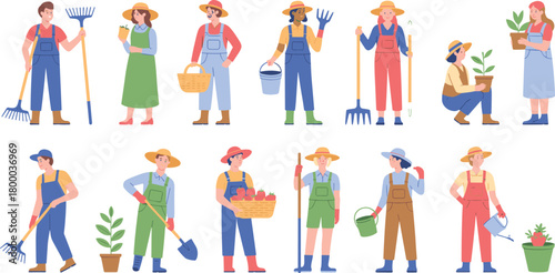 Farmers and gardeners working in vegetable garden, planting, harvesting crops, watering plants, holding tools, basket, gardening people illustration collection