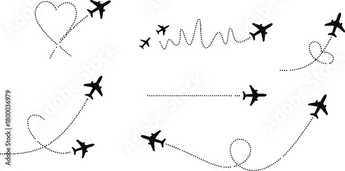 Black airplane icons with dotted flight path lines forming hearts and abstract shapes on white