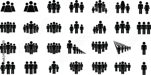 Collection of black silhouette icons representing groups of people in various formations