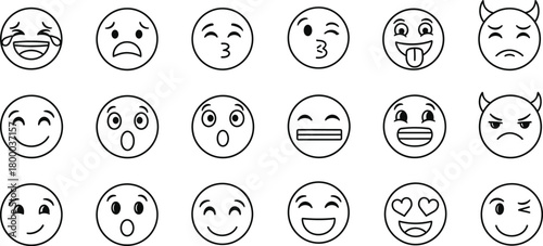 Grid of 18 black and white emoji face icons with various expressions on white background