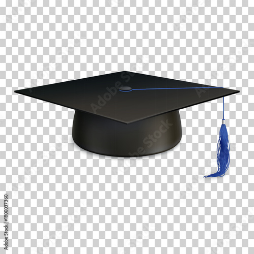 Black graduation cap with blue tassel, a symbol of academic success.