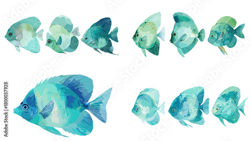 Turquoise watercolor reef fish bundle in varied sizes, including one large feature fish. Soft gradients and side profiles, isolated on white for patterns, posters, cards, and branding.