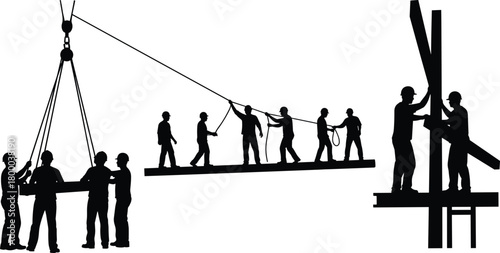 Construction workers teamwork lifting steel beams at building site, teamwork coordination, safety operation, heavy equipment, industrial labor, and engineering construction concept illustration