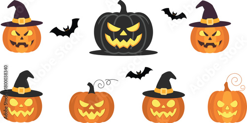 Halloween pumpkin collection with witch hats, spooky jack o’ lantern faces, flying bats, scary holiday decoration set, festive cartoon illustration elements