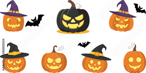 Halloween pumpkin collection with witch hats, spooky jack o’ lantern faces, flying bats, scary holiday decoration set, festive cartoon illustration elements