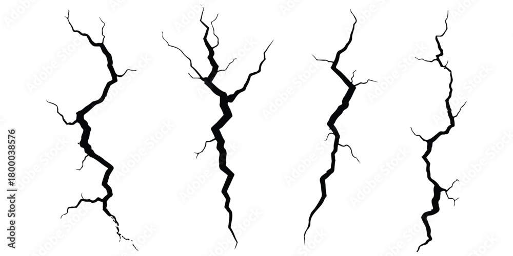 Obraz premium Set of black cracks on white background, symbolizing damage, rupture, destruction