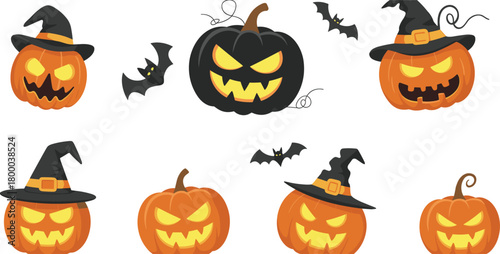 Halloween pumpkin collection with witch hats, spooky jack o’ lantern faces, flying bats, scary holiday decoration set, festive cartoon illustration elements