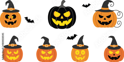 Halloween pumpkin collection with witch hats, spooky jack o’ lantern faces, flying bats, scary holiday decoration set, festive cartoon illustration elements