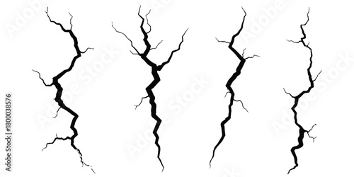 Set of black cracks on white background, symbolizing damage, rupture, destruction