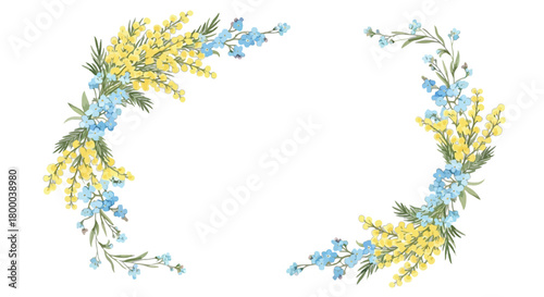 Watercolor floral frame with mimosa and forgetmenots isolated on for wedding invitations and greeting cards design