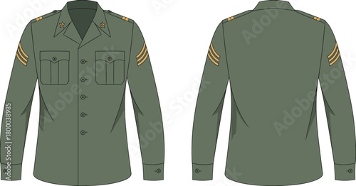 Military uniform shirt front and back view, olive green army dress, vector illustration, rank insignia,